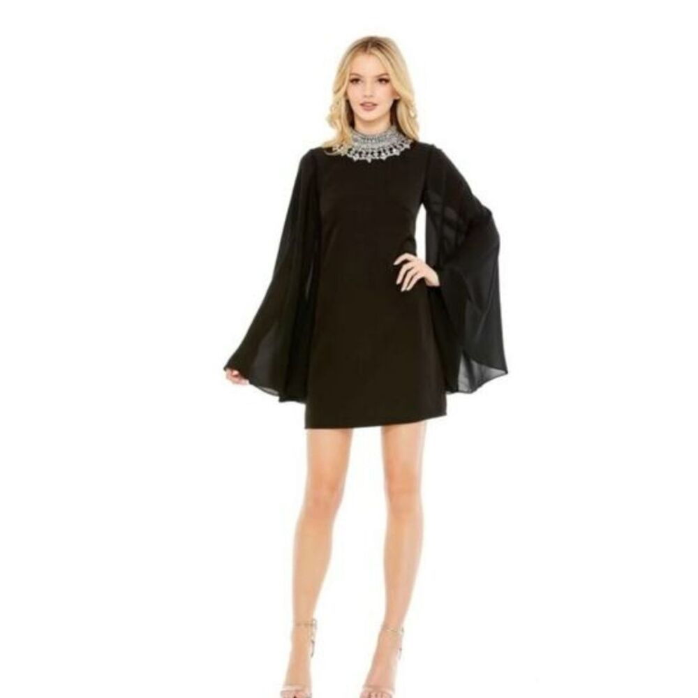 Mac Dugal Black Embellished Neck Bell-Sleeve Mini Dress SIZE 2 NWT 59607